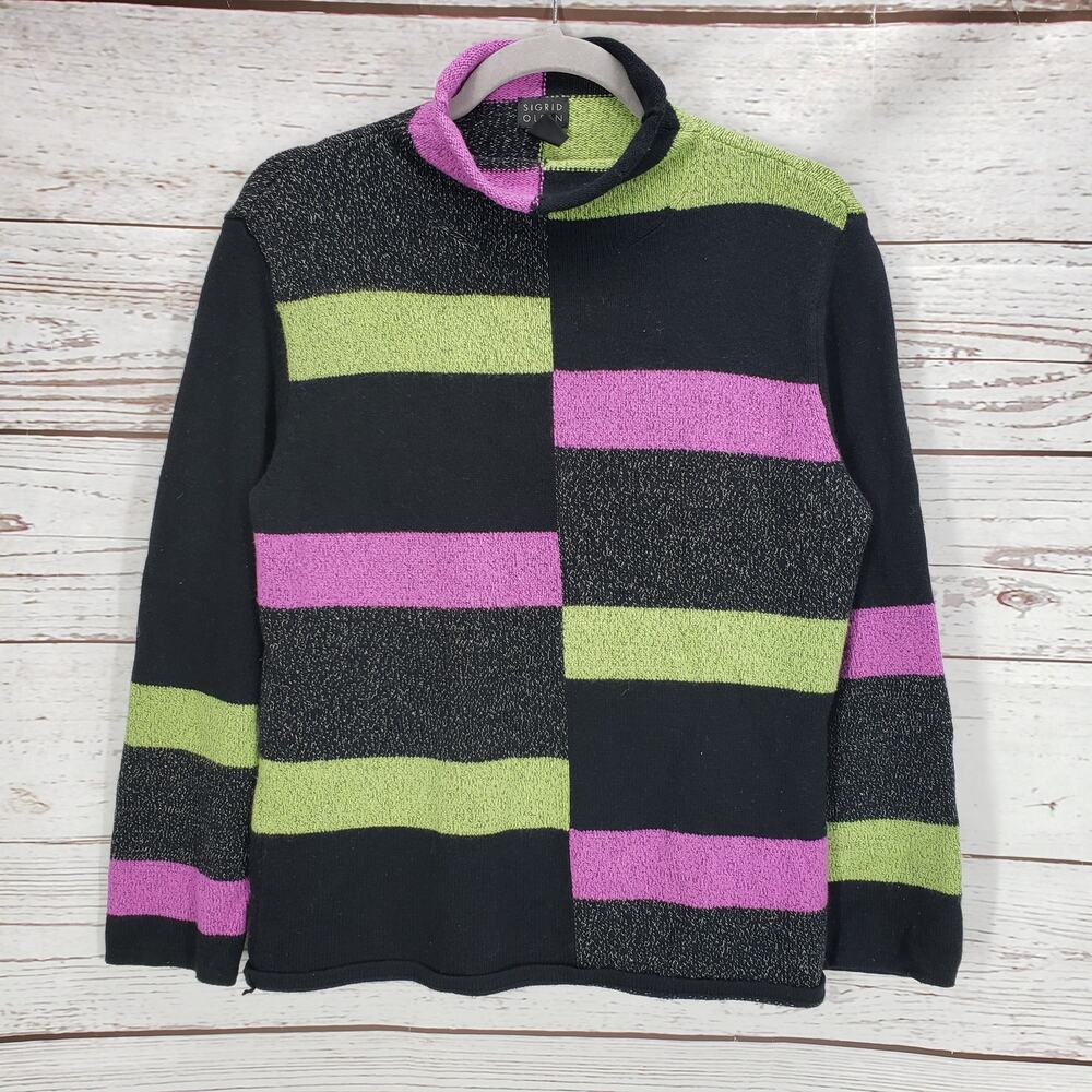 Sigrid Olsen Women's Color Block Silk Wool Rabit Fur Cashmere Sweater Size M